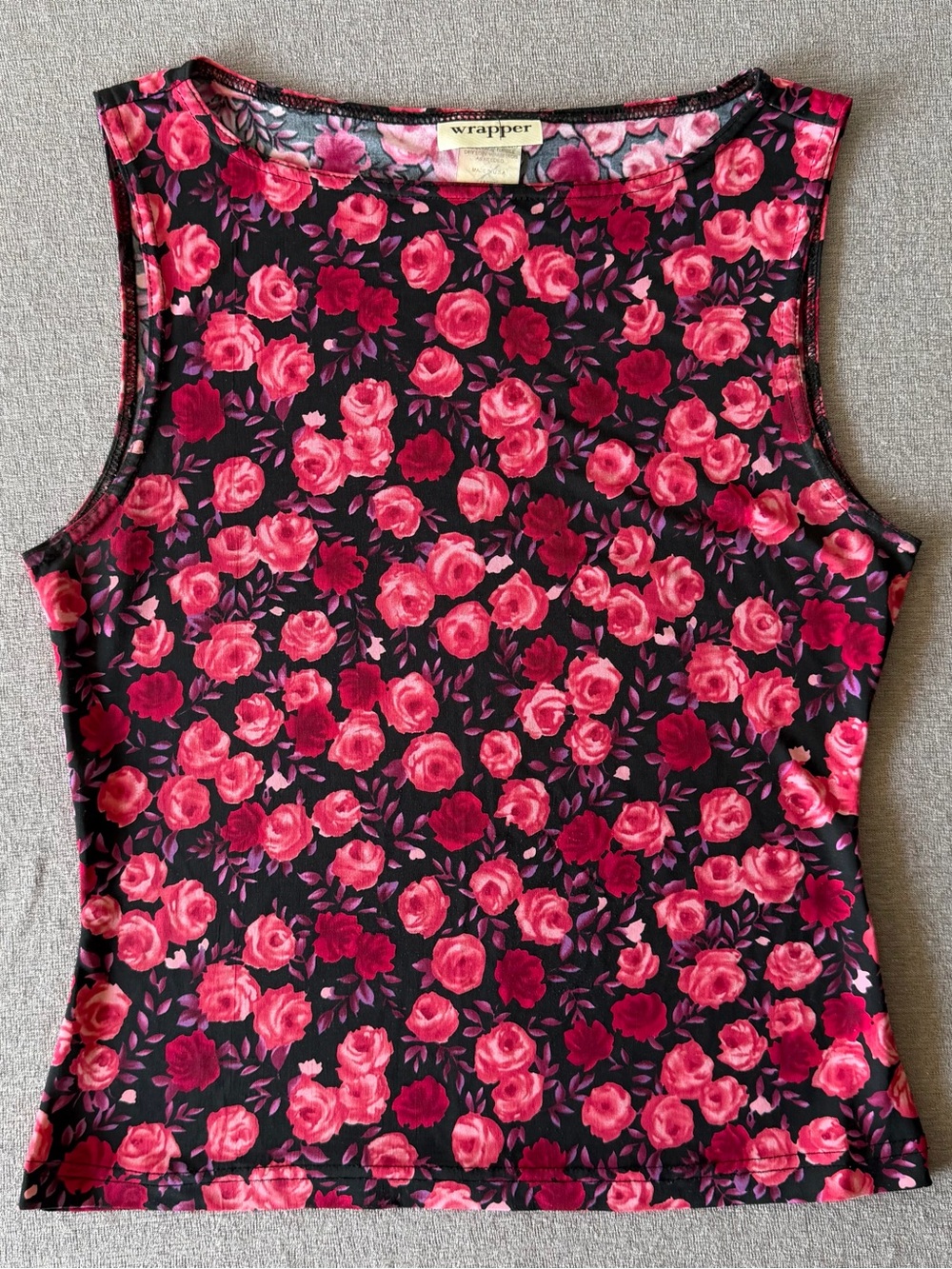 Vintage Wrapper Floral Sleeveless Tank in Black and Pink Rose Print